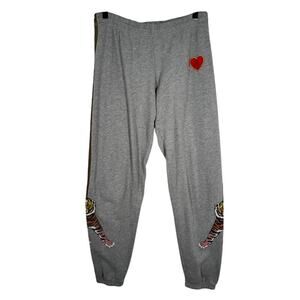 Lauren Moshi Alan Stripe Tiger Heart Jogger Sweatpants S Gray Pull On Active